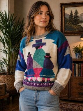 Cozy Geometric Pattern Crewneck Sweater  Ecuafof Handmade Unisex